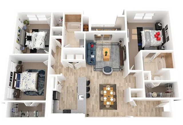 Modern 3D floor plan showcasing a spacious 3-bedroom apartment with two elegant bathrooms, an open living area, and a stylish kitchen with an island, perfect for contemporary living.
