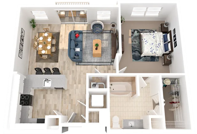 Charming 3D apartment floor plan featuring a cozy bedroom, open-concept living and dining area, modern kitchen, and sleek bathroom design.