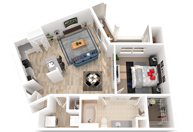 Modern 3D floor plan showcasing a spacious one-bedroom apartment with a stylish open-concept living and dining area, sleek kitchen, luxurious bathroom, and convenient in-unit laundry.
