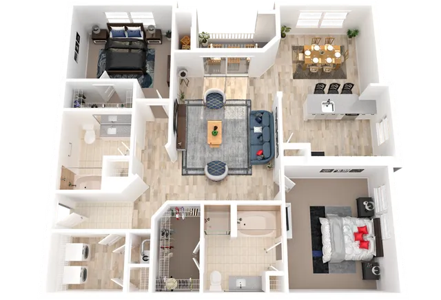Modern 3D floor plan showcasing 2 spacious bedrooms, elegant living and dining areas, open kitchen with island seating, and luxurious bathrooms.