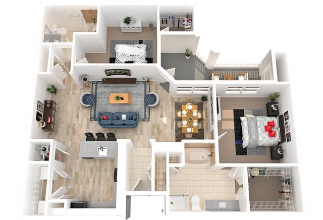 Modern 3D floor plan featuring two spacious bedrooms, open-concept living and dining area, gourmet kitchen, and elegant bathrooms. Ideal for stylish living.