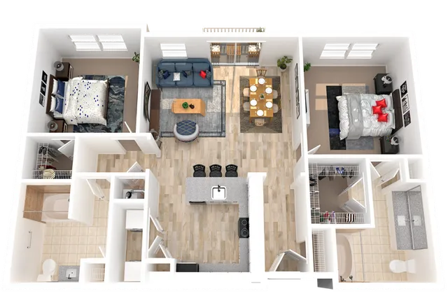 Modern 3D floor plan featuring two cozy bedrooms, an elegant open-concept living and dining area, and a stylish kitchen with breakfast bar seating.