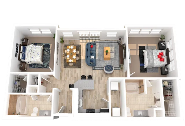 Modern 3D apartment floor plan featuring two spacious bedrooms, two bathrooms, an open-concept living and dining area, and a well-equipped kitchen.