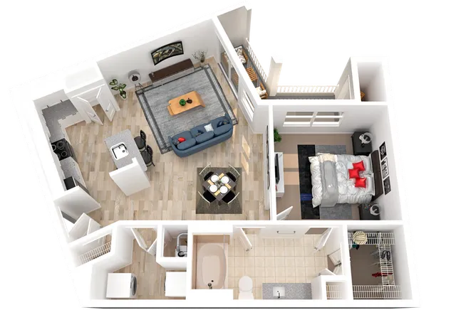 Modern 1-bedroom apartment floor plan featuring a cozy living area, sleek kitchen with island, and a spacious bathroom.