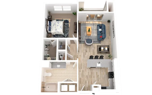 Modern 3D floor plan featuring a spacious one-bedroom layout with open-plan living and dining area, stylish kitchen, and elegant bathroom.