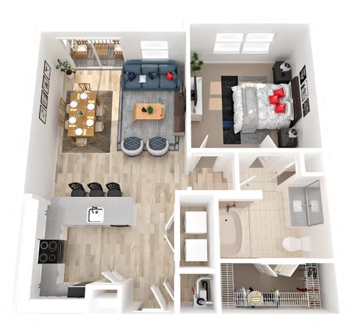 Modern 3D floor plan with one bedroom, an open-concept living and dining area, sleek kitchen, and a well-designed bathroom.