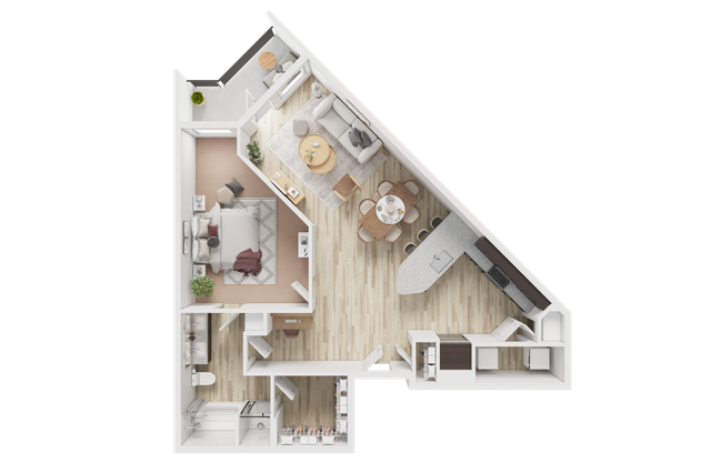 Modern floor plan showcasing a luxury apartment with a spacious bedroom, open-concept living and dining area, sleek kitchen with island seating, elegant bathroom, and cozy balcony.