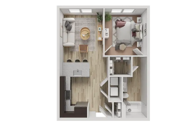 Modern 1-bedroom apartment floor plan featuring an open kitchen, cozy living area, and a spacious bathroom with contemporary design.