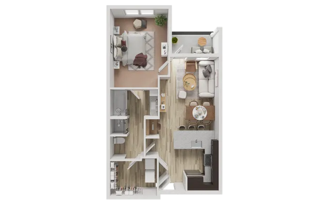 Modern 3D floor plan featuring a spacious bedroom, stylish open-plan kitchen and living area, and elegant bathroom.