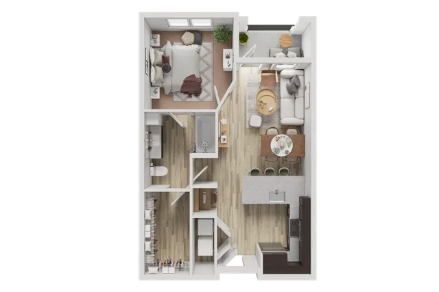 Modern apartment floor plan featuring one bedroom, open-concept living and dining area, stylish kitchen, and cozy balcony.