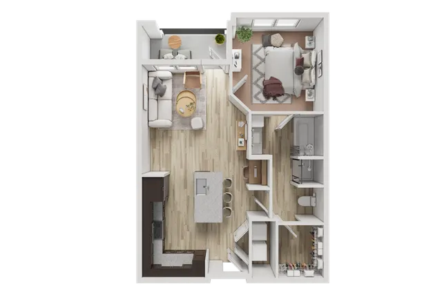 Modern apartment floor plan featuring an open-concept kitchen and living area, a cozy bedroom, and a stylish bathroom, complete with a private balcony.