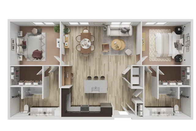 Elegant 3D floor plan showcasing 2 bedrooms, a bright open-concept living space, and a sleek modern kitchen.