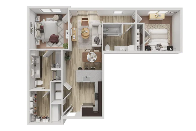 Modern 2D floor plan featuring two cozy bedrooms, a sleek open-concept kitchen, and a spacious living area with natural light.