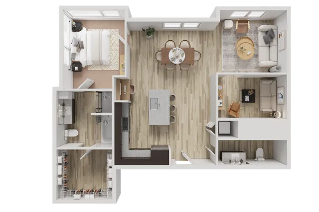 Modern 1-bedroom apartment floor plan with open-concept kitchen and dining area, cozy living room, and spacious walk-in closet.