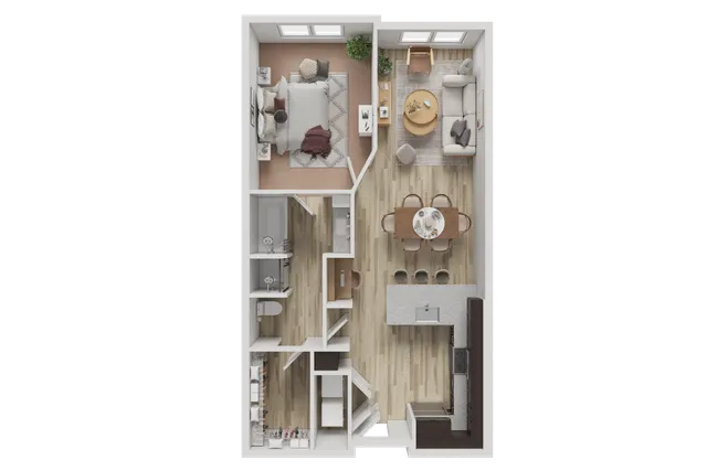 Chic open-concept apartment floor plan featuring a cozy bedroom, stylish living area, elegant dining space, modern kitchen, and well-appointed bathroom.