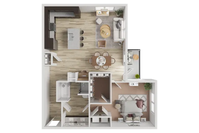 Elegant 2D floor plan showcasing a modern 1-bedroom apartment with an open kitchen, cozy living area, and stylish dining space.