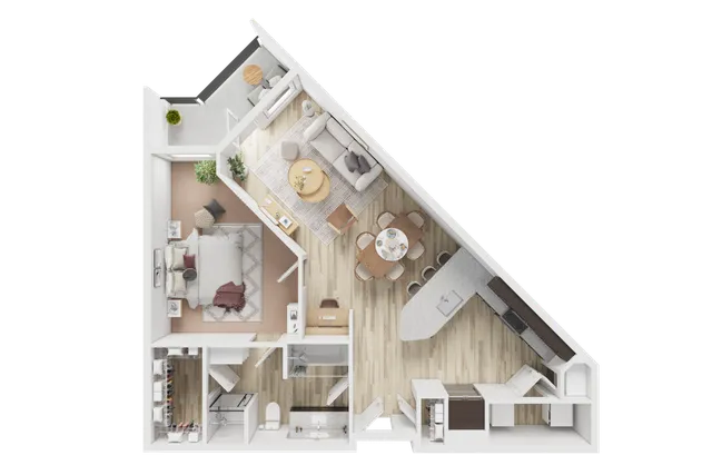 Modern floor plan showcasing one bedroom, open-concept living and dining room, sleek kitchen with island, and stylish bathroom.