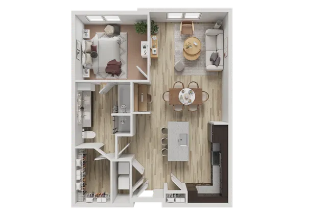Contemporary floor plan showcasing a cozy 1-bedroom layout with an elegant living room, modern kitchen, and open dining area featuring stylish finishes.