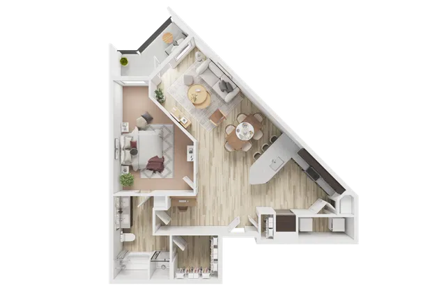 Elegant 3D floor plan showcasing a contemporary apartment with one bedroom, open-concept living and dining area, modern kitchen, and cozy balcony.