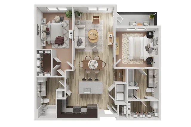Contemporary 2D floor plan showcasing 2 bedrooms, an open living and dining area, stylish kitchen with island, and a private balcony.