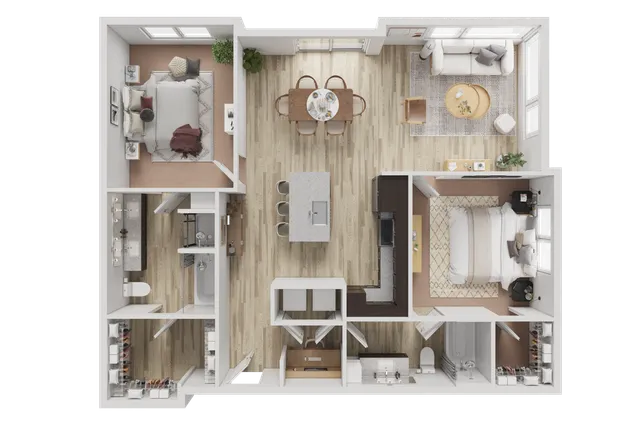 Modern floor plan featuring 2 spacious bedrooms, open-concept living and dining area, and a sleek kitchen with an island.