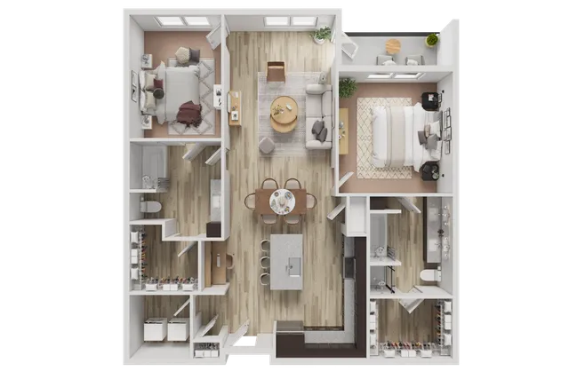 Elegant 3D floor plan featuring 2 stylish bedrooms, inviting open-plan living area, modern kitchen, and a cozy outdoor balcony.