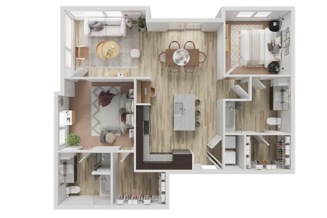 Modern apartment floor plan with two bedrooms, open living and dining area, and a stylish kitchen island.