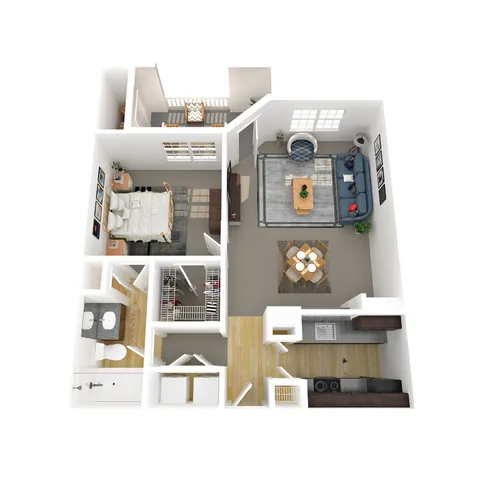 Modern 3D floor plan showcasing a stylish one-bedroom apartment with a cozy living area, sleek kitchen, and elegant bathroom.
