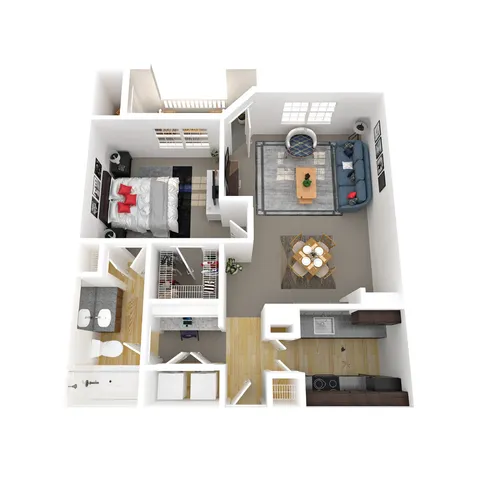 Charming 3D floor plan showcasing a cozy 1-bedroom apartment with open living and dining area, modern kitchen, and elegant bathroom.