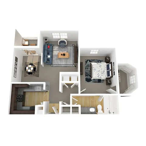 Modern 3D floor plan showcasing a cozy 1-bedroom apartment with a spacious living area, elegant dining space, and a well-equipped kitchen.