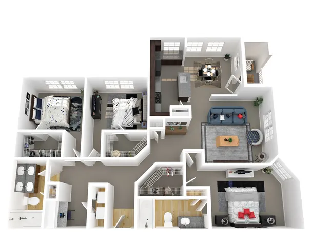 Modern 3D floor plan showcasing 3 bedrooms, open living room, dining area, and stylish kitchen.