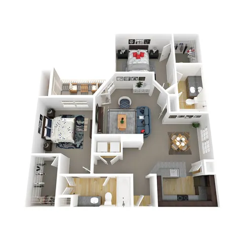 Modern 3D floor plan showcasing two cozy bedrooms, an inviting living area, sleek kitchen, and elegant dining space.
