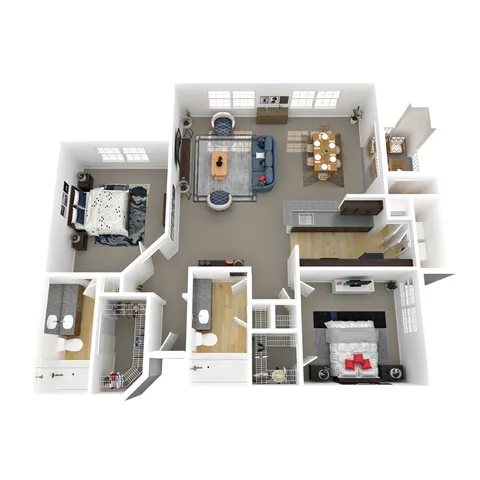 Modern 3D floor plan showcasing a spacious layout with 2 bedrooms, open-concept living and dining area, sleek kitchen, and 2 elegant bathrooms.