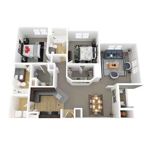 Spacious 3D floor plan showcasing 2 cozy bedrooms, an inviting living room, modern kitchen, and a stylish dining area.
