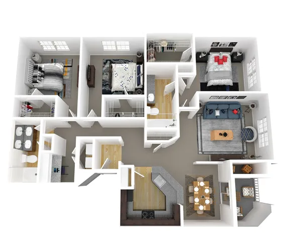 Bright and inviting 3D floor plan featuring 3 cozy bedrooms, a stylish living area, modern kitchen, and spacious dining room.