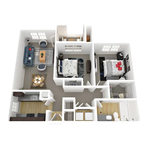 Contemporary 3D floor plan showcasing two cozy bedrooms, a stylish living area, modern kitchen, and a welcoming dining space.