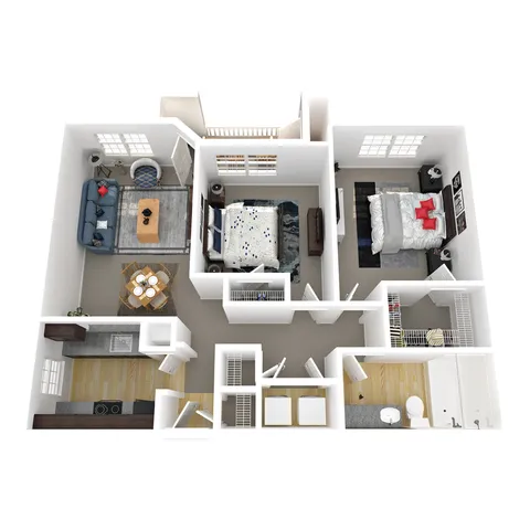 Chic 3D floor plan featuring 2 cozy bedrooms, inviting living room with stylish furniture, functional kitchen, and a modern bathroom, perfect for contemporary living.