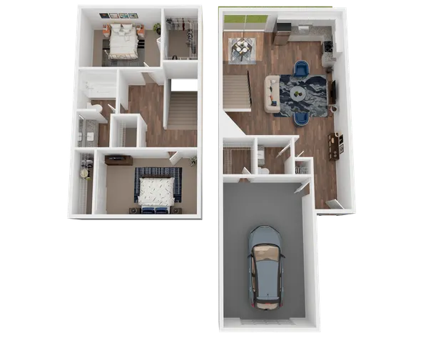Chic 3D floor plan showcasing a modern two-story apartment with 2 bedrooms, stylish living and dining areas, a sleek kitchen, and an attached garage.