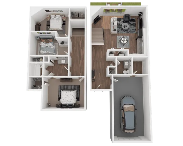 Modern 3D floor plan showcasing a spacious two-story layout with three bedrooms, cozy living area, stylish kitchen, and a built-in garage.
