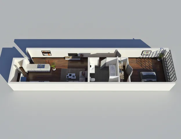 Modern 3D floor plan showcasing a sleek one-bedroom apartment with integrated living, dining, and kitchen areas, featuring elegant hardwood flooring and stylish decor.