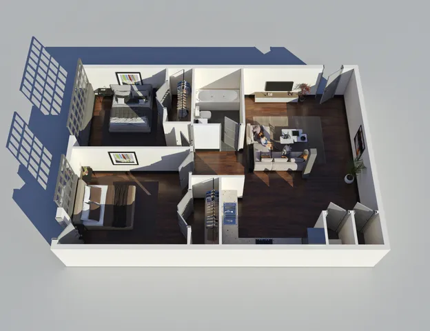 Elegant 3D apartment layout showcasing 2 spacious bedrooms, a modern bathroom, and an open living area with rich wood flooring.