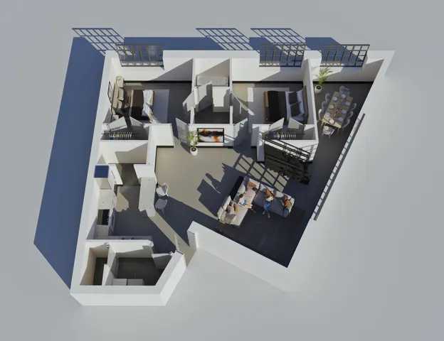 Modern 3D apartment layout with two bedrooms, open living area, stylish kitchen, and cozy dining space. Optimized natural light through large windows, perfect for contemporary living.