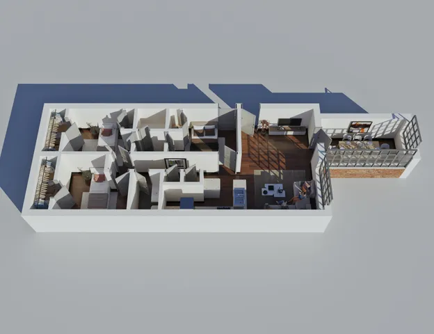 Contemporary 3D floor plan showcasing three bedrooms, a bright living area, sleek modern kitchen, and expansive dining space with large windows.