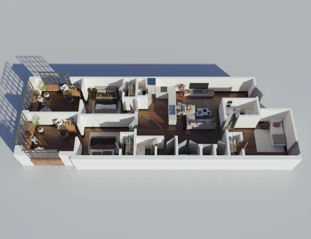 Modern 3D apartment layout showcasing a well-designed open-concept living space with two cozy bedrooms, chic living area, and a stylish kitchen.