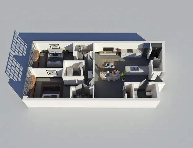 Inviting 3D floor plan showcasing a modern apartment with two bedrooms, an elegant open-plan living and kitchen area, and stylish interiors.