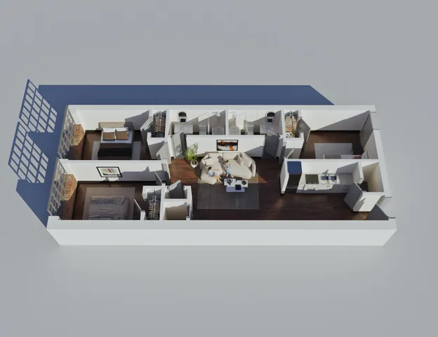 Modern 3D floor plan showcasing a chic apartment with two cozy bedrooms, a contemporary open-concept living and dining area, a sleek kitchen, and stylish interior decor.