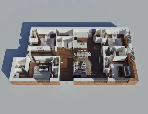 Modern 3D floor plan showcasing 3 bedrooms, a stylish open-concept living and dining area, and a sleek kitchen with ample daylight.