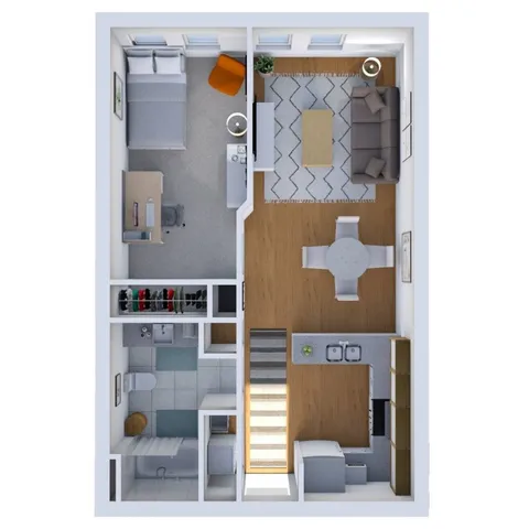 Modern apartment 3D floor plan featuring a cozy bedroom, stylish open-concept living area, and a sleek kitchen with island seating.