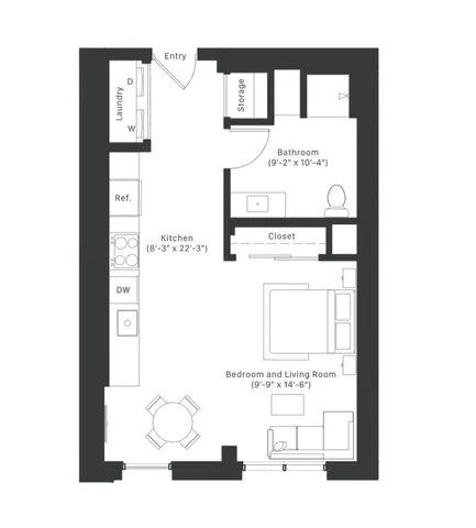 Efficient floor plan showcasing a combined bedroom and living room, modern kitchen, and a well-appointed bathroom with storage.