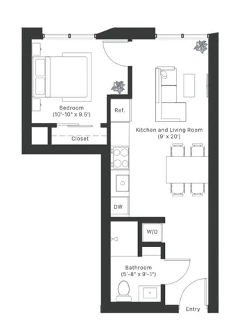 Modern L-shaped floor plan showcasing 1 bedroom, spacious kitchen and living room, and a neatly designed bathroom.